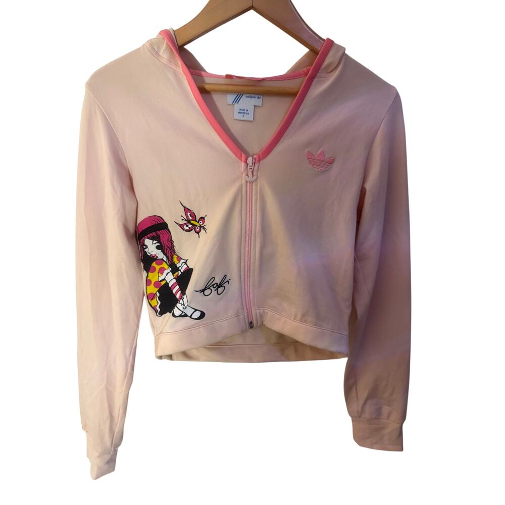 Vintage 2006 Adidas Originals x Fafi Pink Cropped Full Zip Hoodie Jacket Small